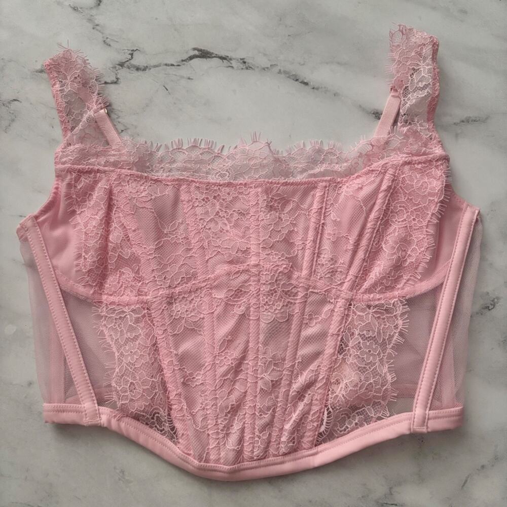 Victoria's Secret Corset Top Bra Dream Angels Pink Lace Boned Long Line Small S